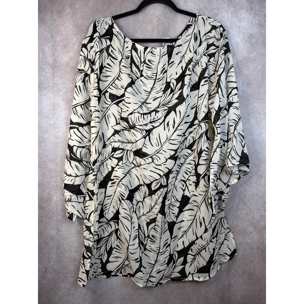 NWT Islander Womens Large Cover Up Tunic Black White Tropical Leaf Print‎